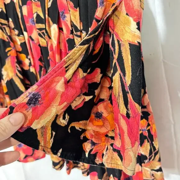 Free People Tegan Black Orange Floral Mini Dress Long Sleeves Keyhole Size 0 - Picture 7 of 8